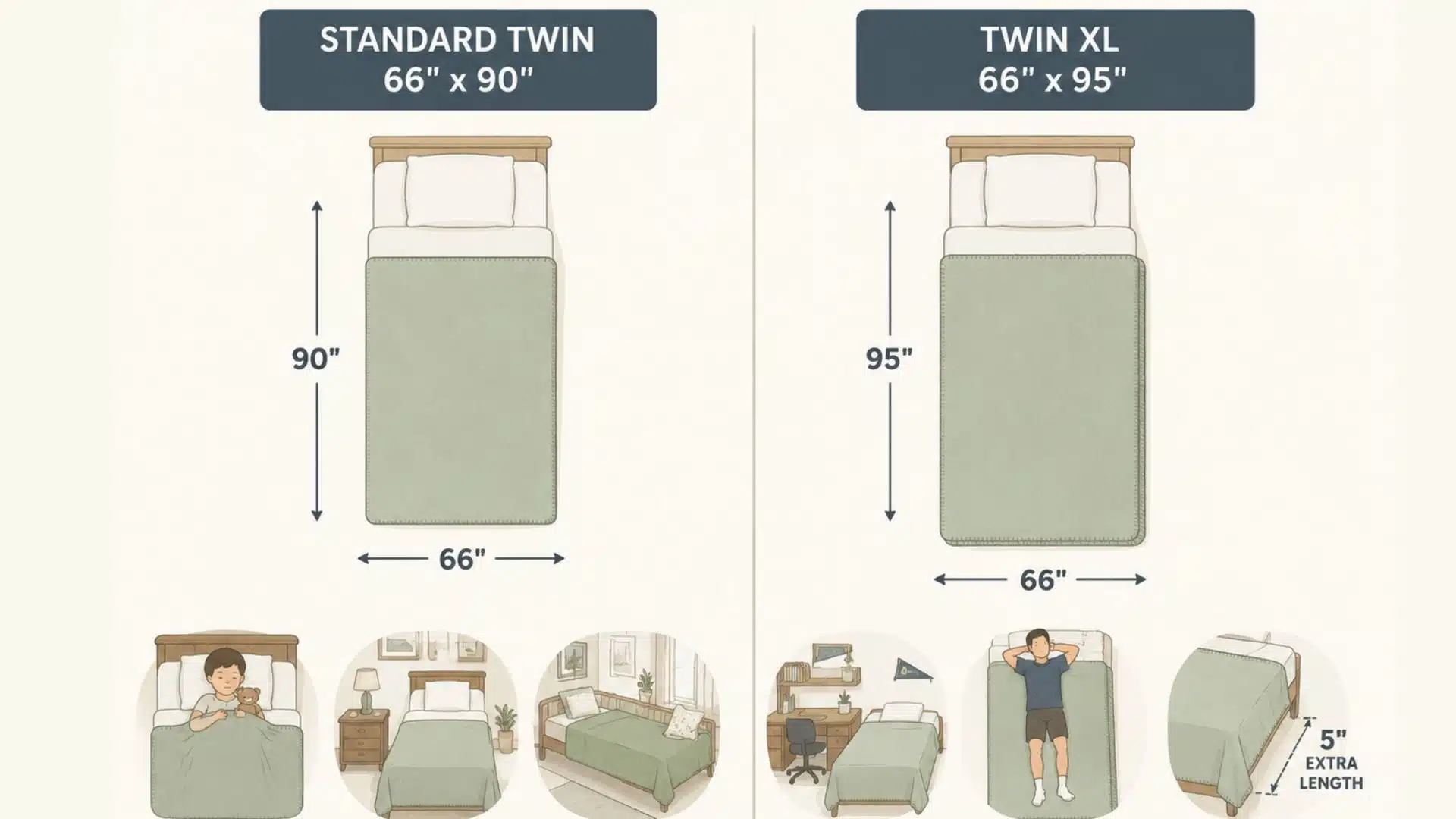 Infographic comparing the sizes and uses of Standard Twin (66 x 90) and Twin XL (66 x 95) blankets