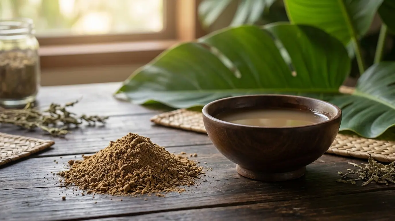 Kava root and kava drink on a wooden table for natural sleep support