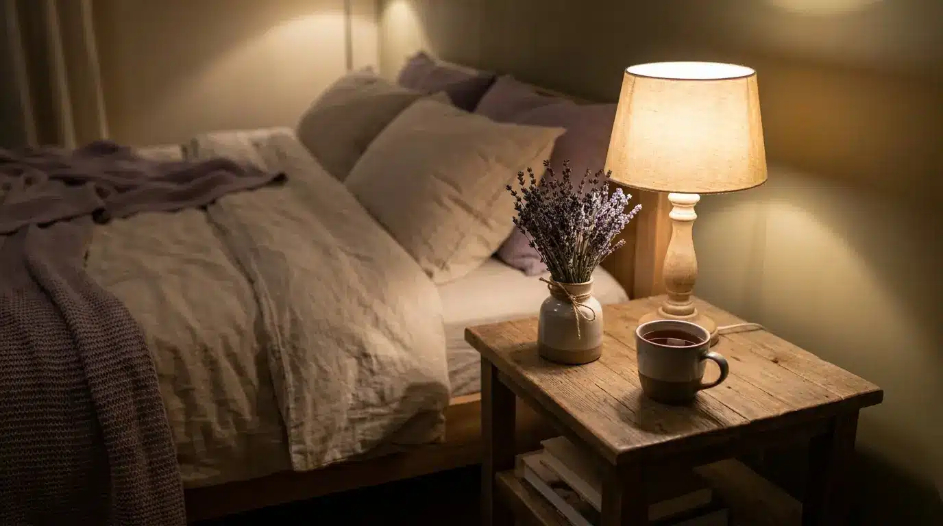 Lavender flowers and tea beside a bed in a calm nighttime bedroom setting