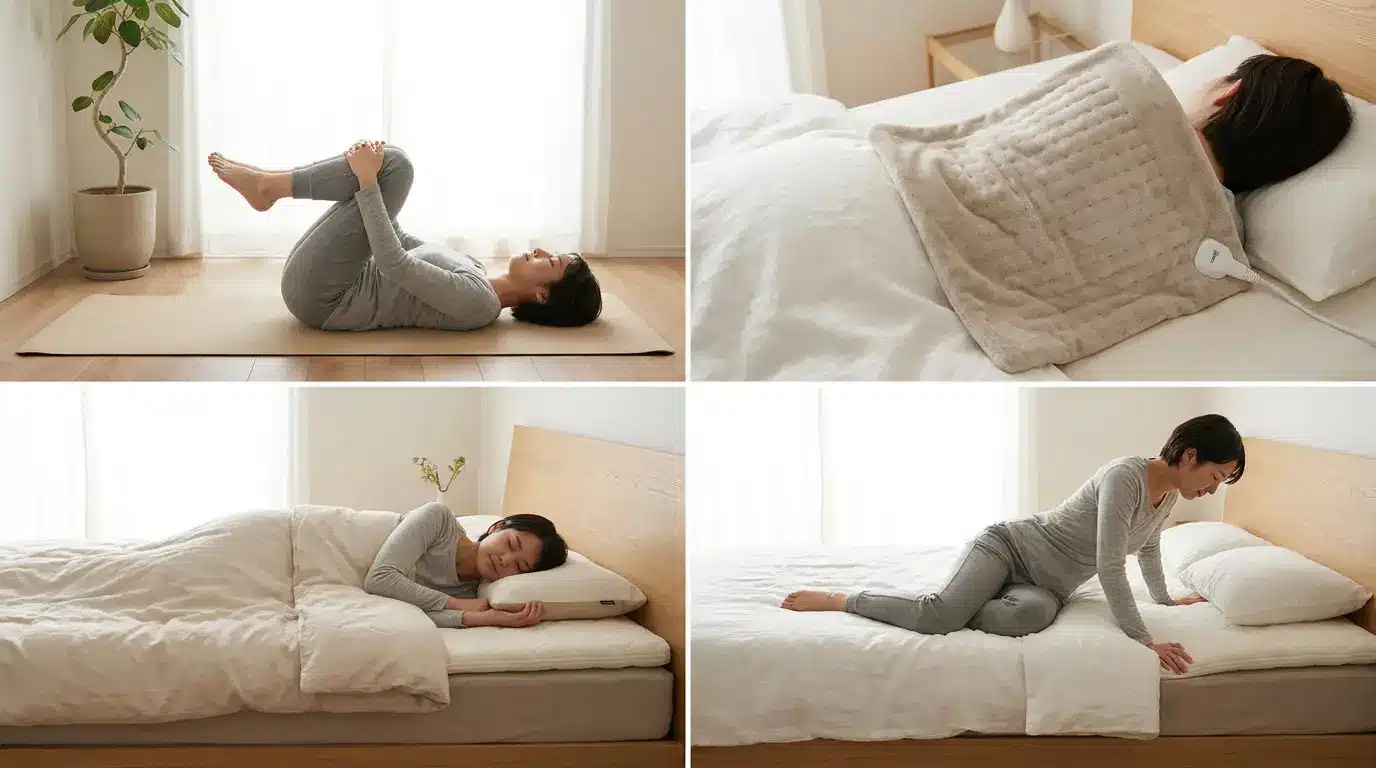 Lower back pain routine with stretches, heat, sleep posture, and safe bed exit