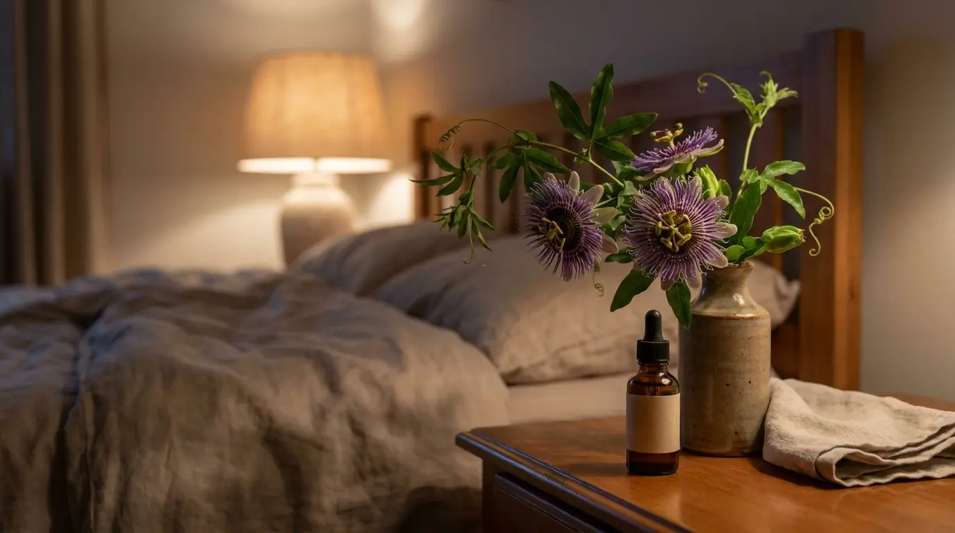 Passionflower herb and tincture beside a softly lit bed for natural sleep support