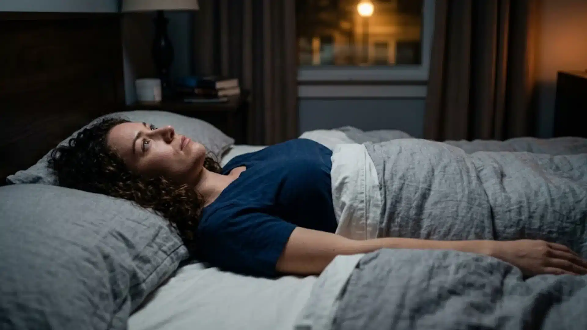 Person lying awake in bed at night, staring upward with a tense, restless expression.