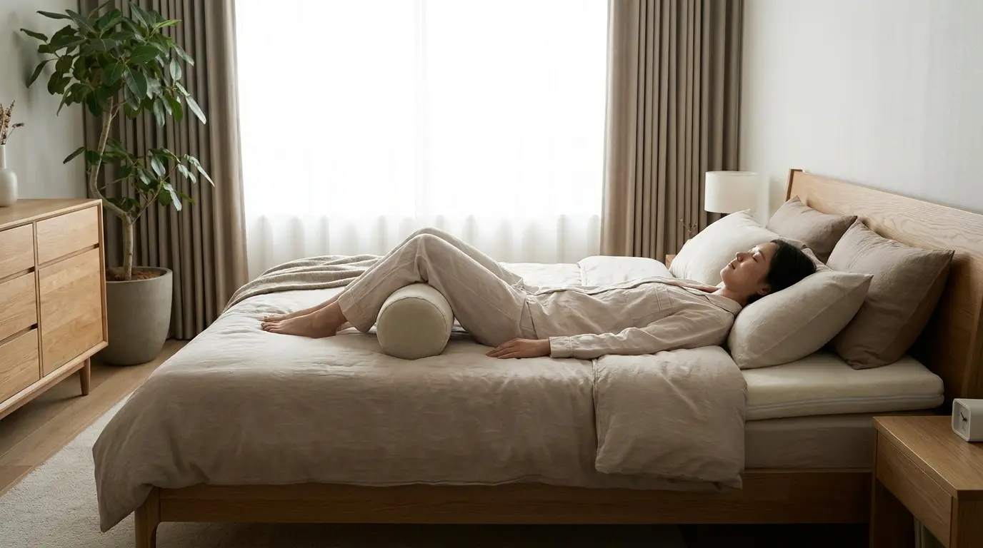 Person sleeping on back with pillow under knees for lower back support