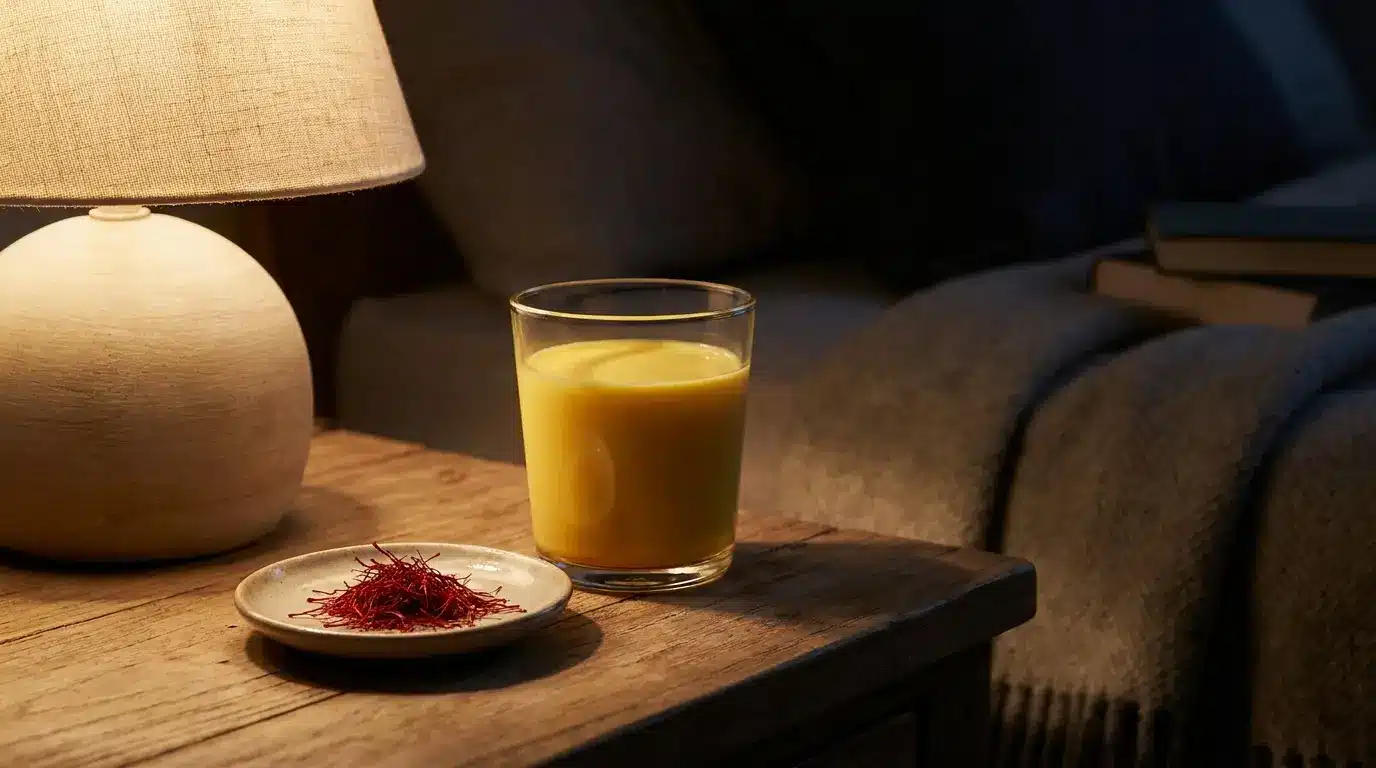Saffron threads beside warm milk for natural sleep support