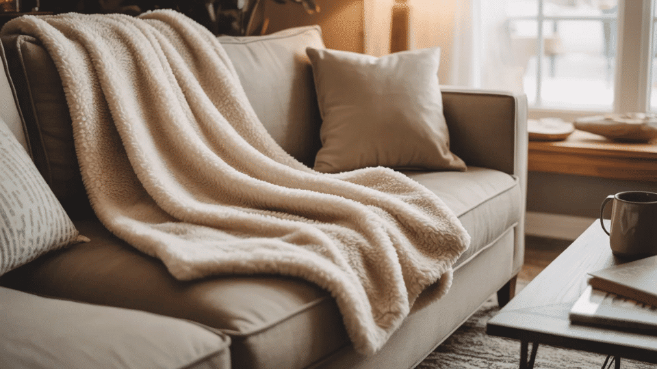 Sherpa blanket draped over a sofa in a cozy living room with soft lighting