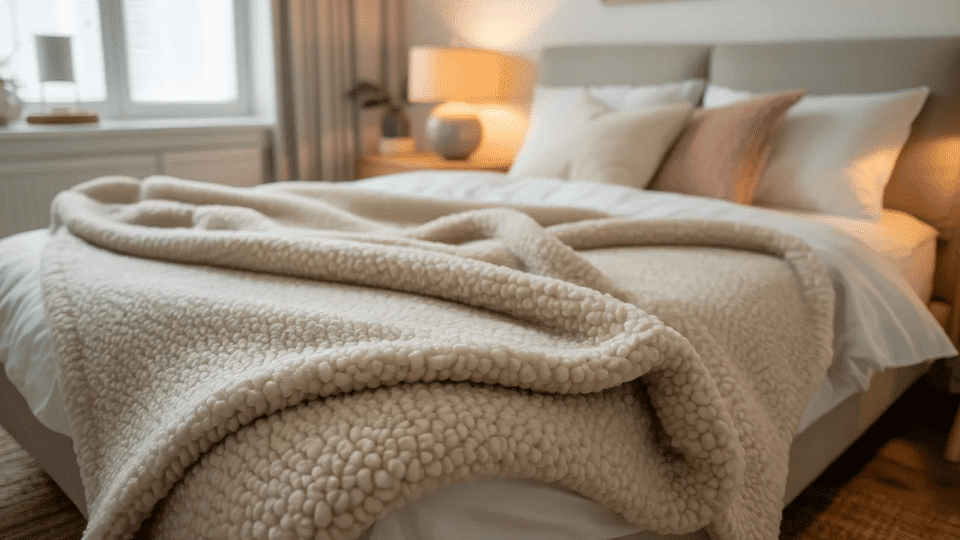 Sherpa blanket on a bed in a cozy bedroom with soft light and warm, simple decor
