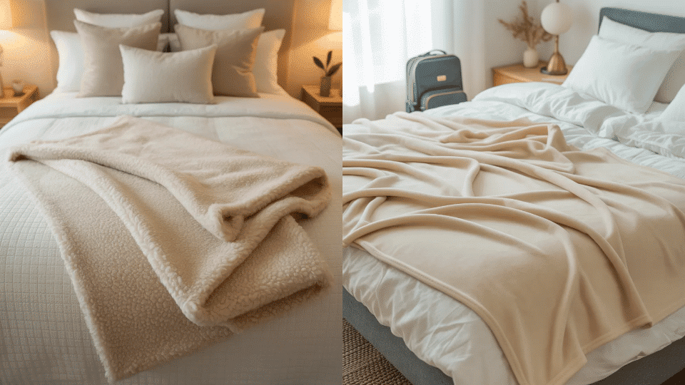 Sherpa blanket on bed and fleece blanket on bed