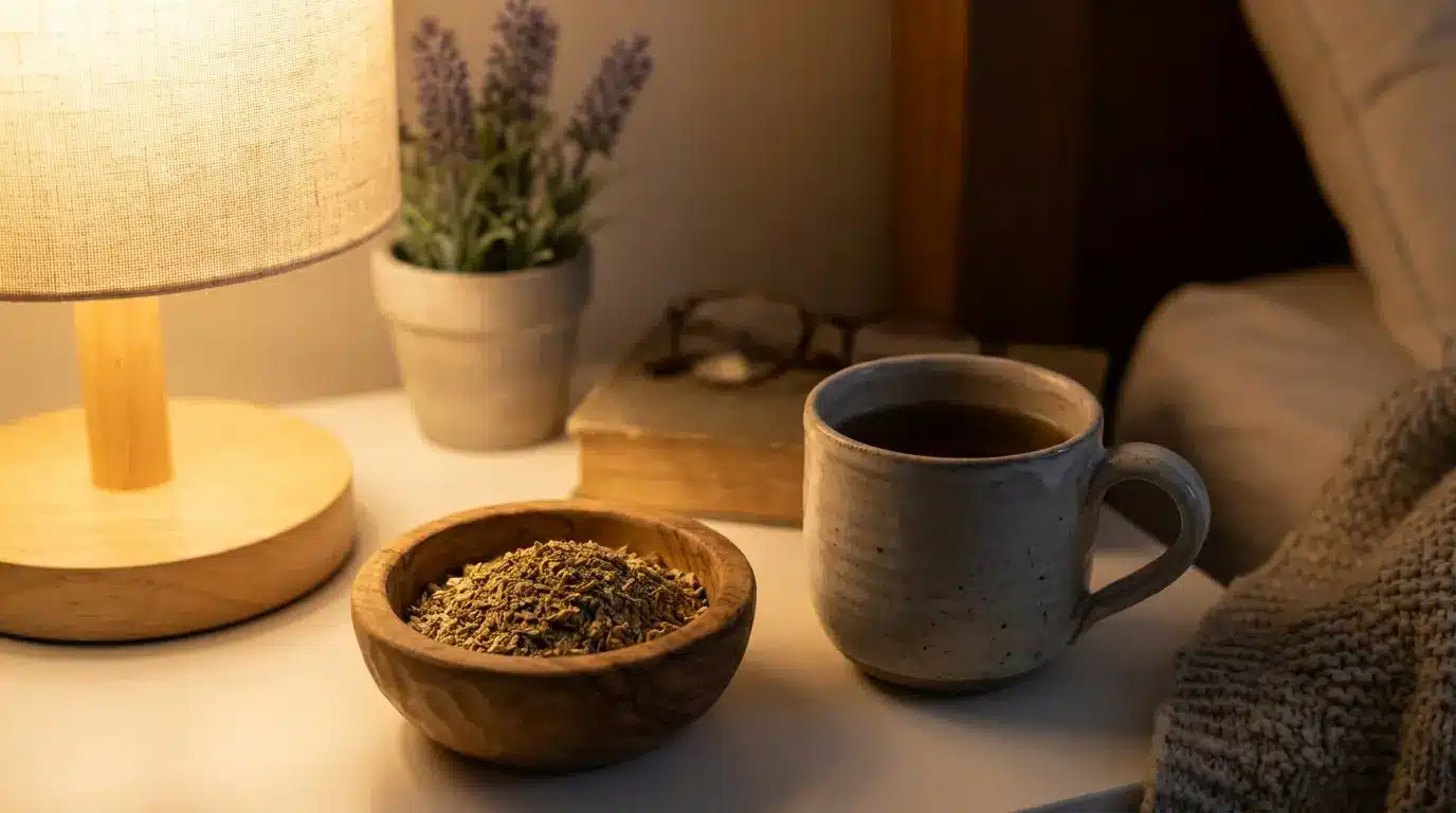 Skullcap powder in a bowl beside herbal tea on a bedside table