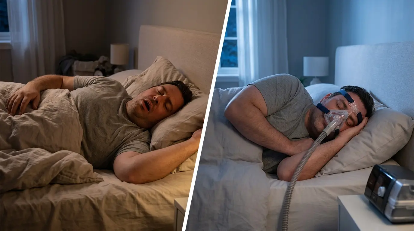 Split-screen showing snoring improvement with side sleeping and CPAP therapy