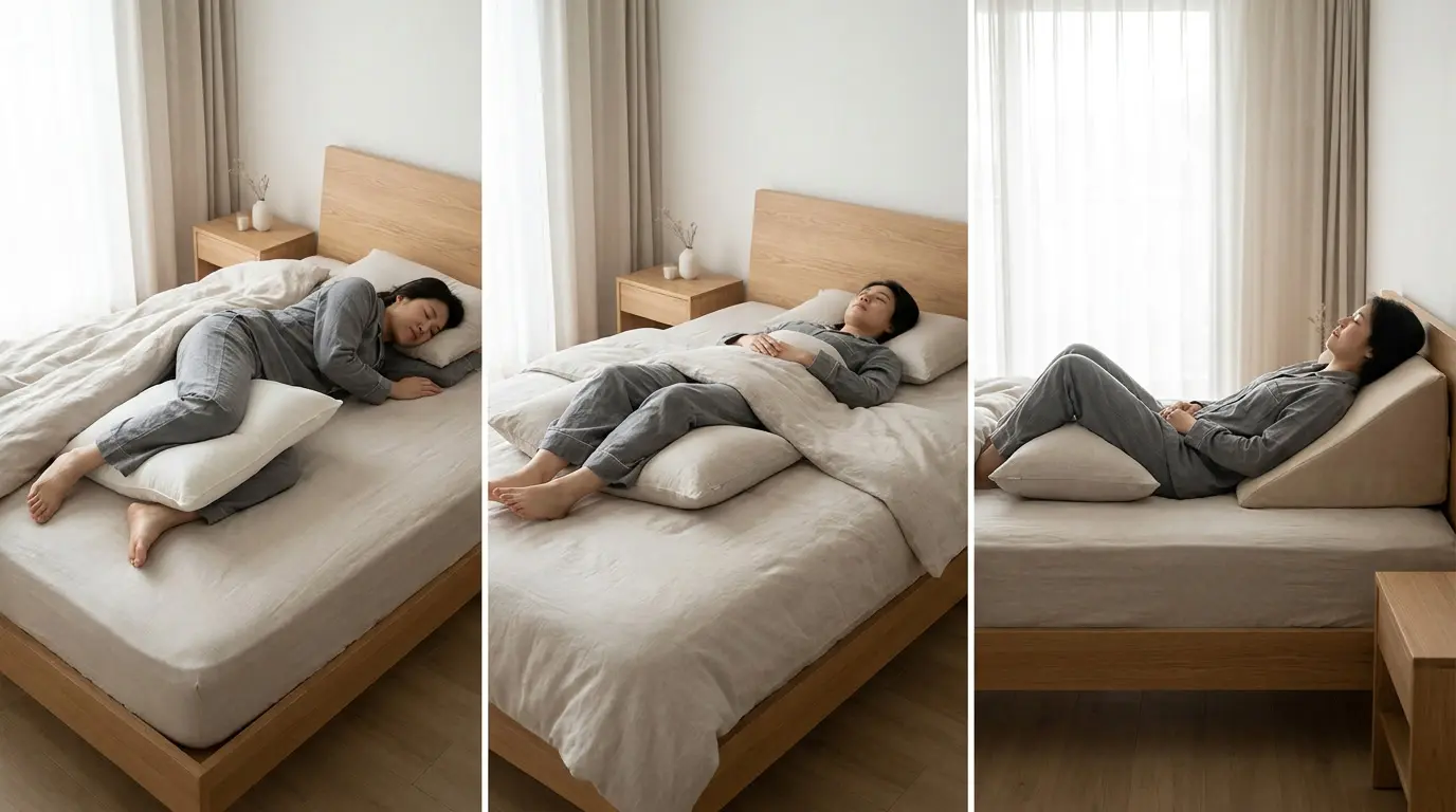 Three sleeping positions shown side by side for lower back pain relief with proper spinal support