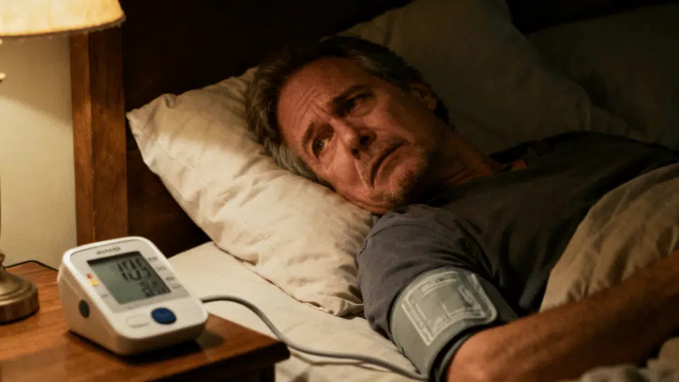 Tired adult lying awake in bed at night with blood pressure monitor on bedside table in dimly lit bedroom