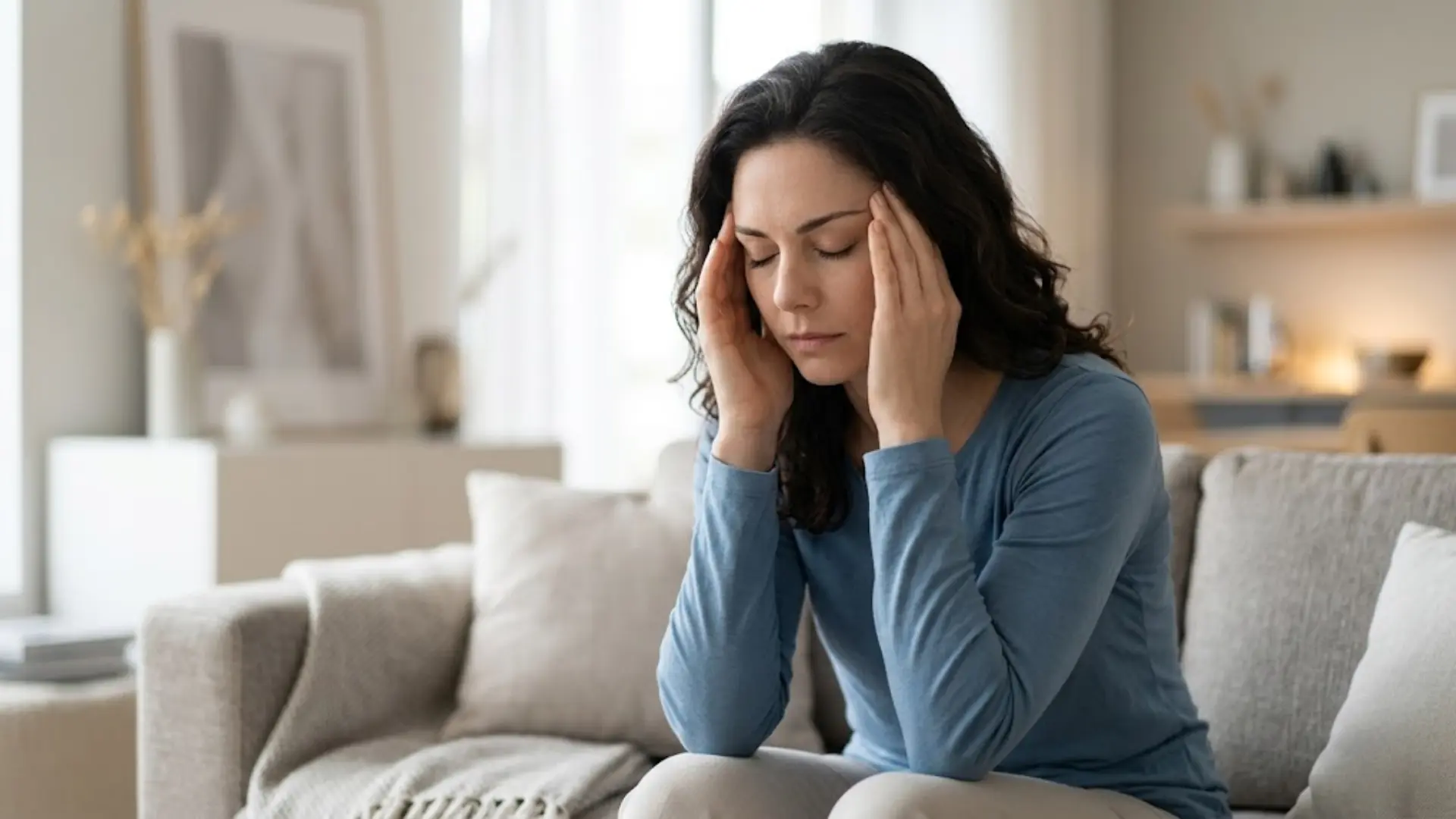 Tired woman on couch holding head in pain, soft lighting.