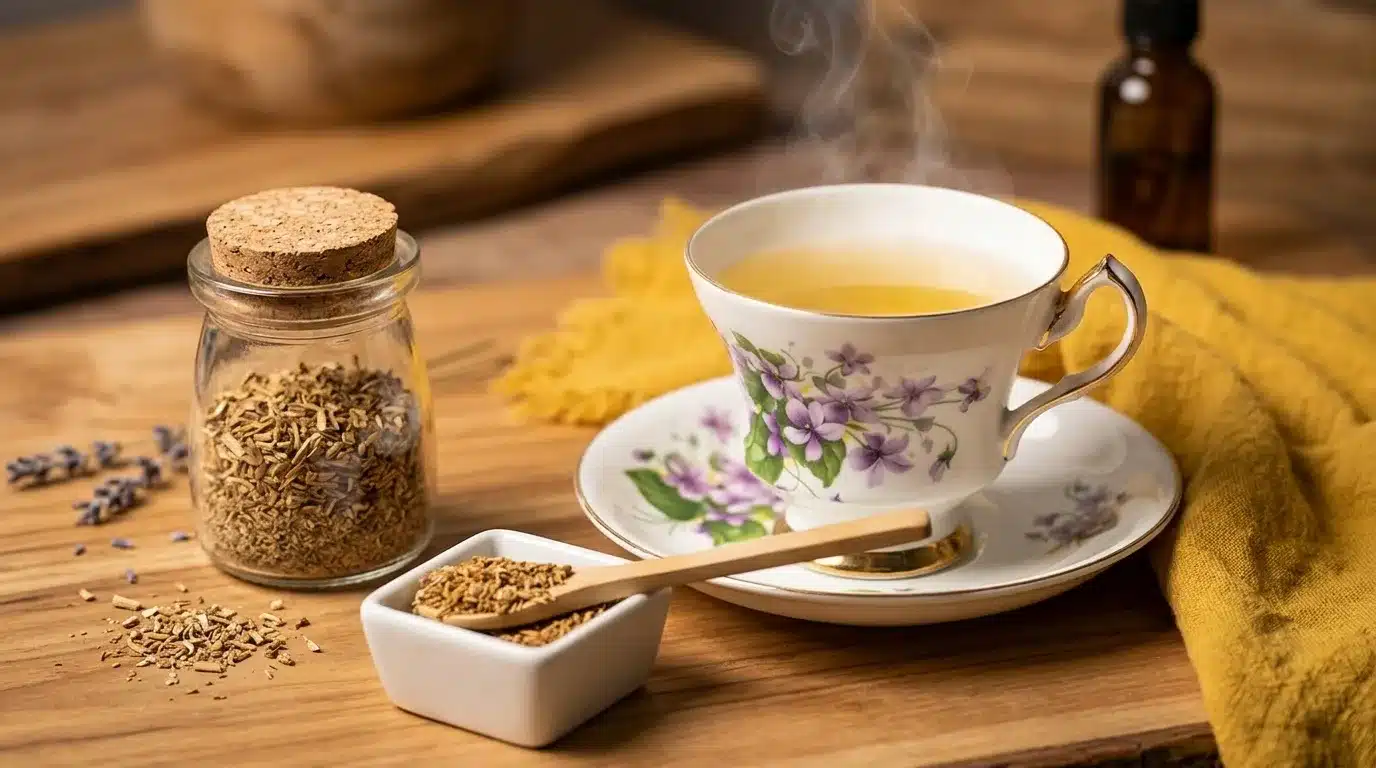 Valerian root with herbal tea in warm dim lighting