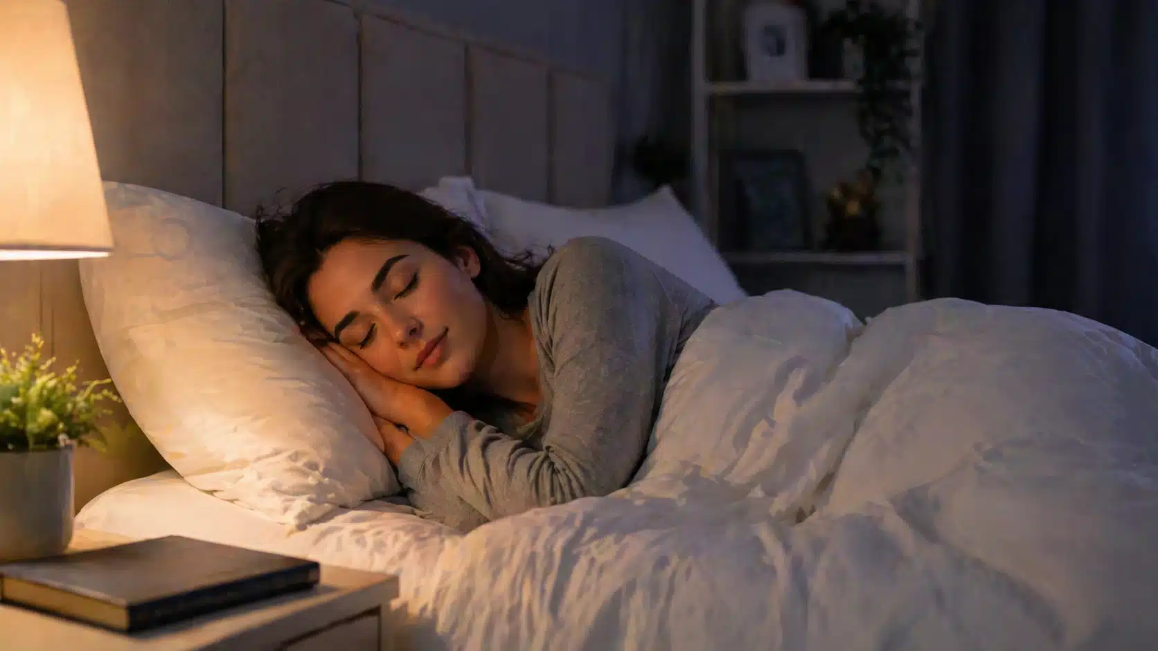 Woman sleeping peacefully in a cozy bedroom with soft lighting and comfortable bedding
