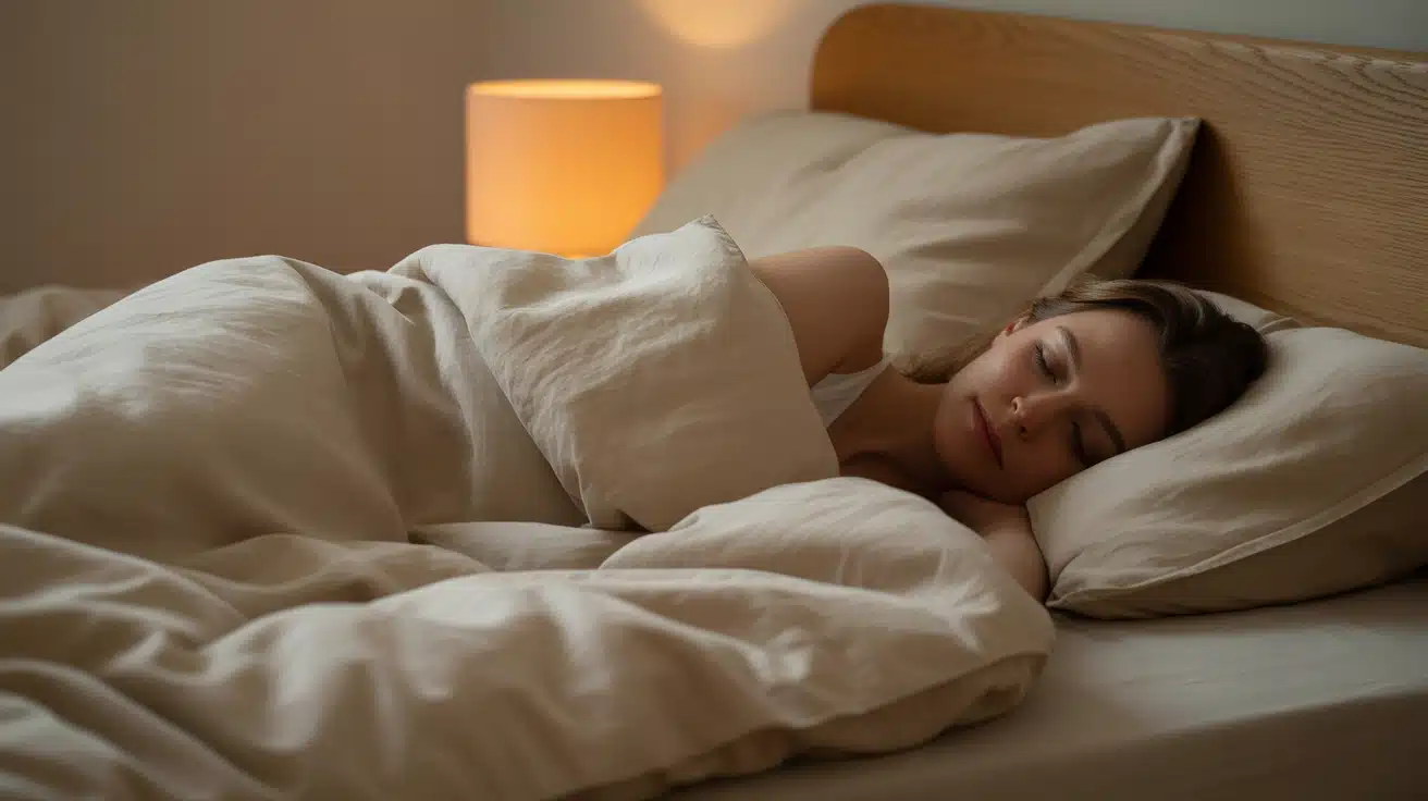 Woman sleeping peacefully in a warm, softly lit bedroom with cozy bedding and a calm nighttime atmosphere