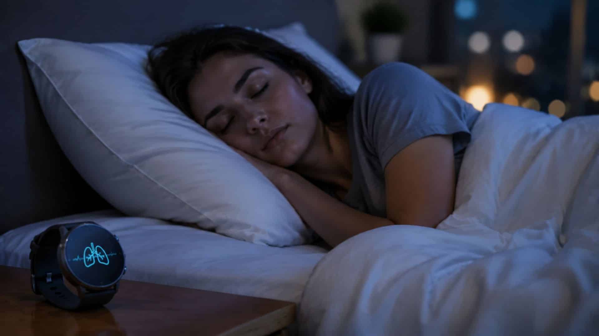 Young woman sleeping in a serene bedroom with a smartwatch displaying respiratory data.