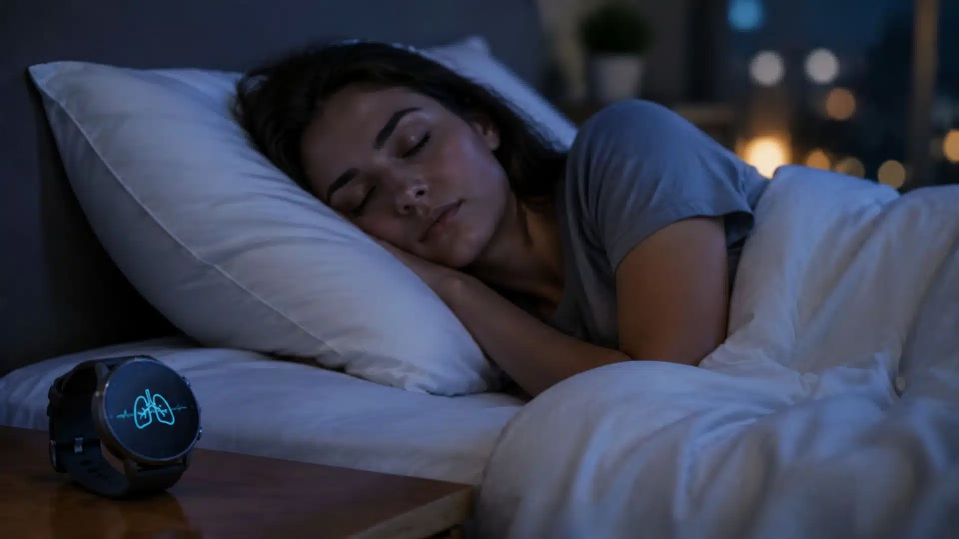 Young woman sleeping in a serene bedroom with a smartwatch displaying respiratory data.