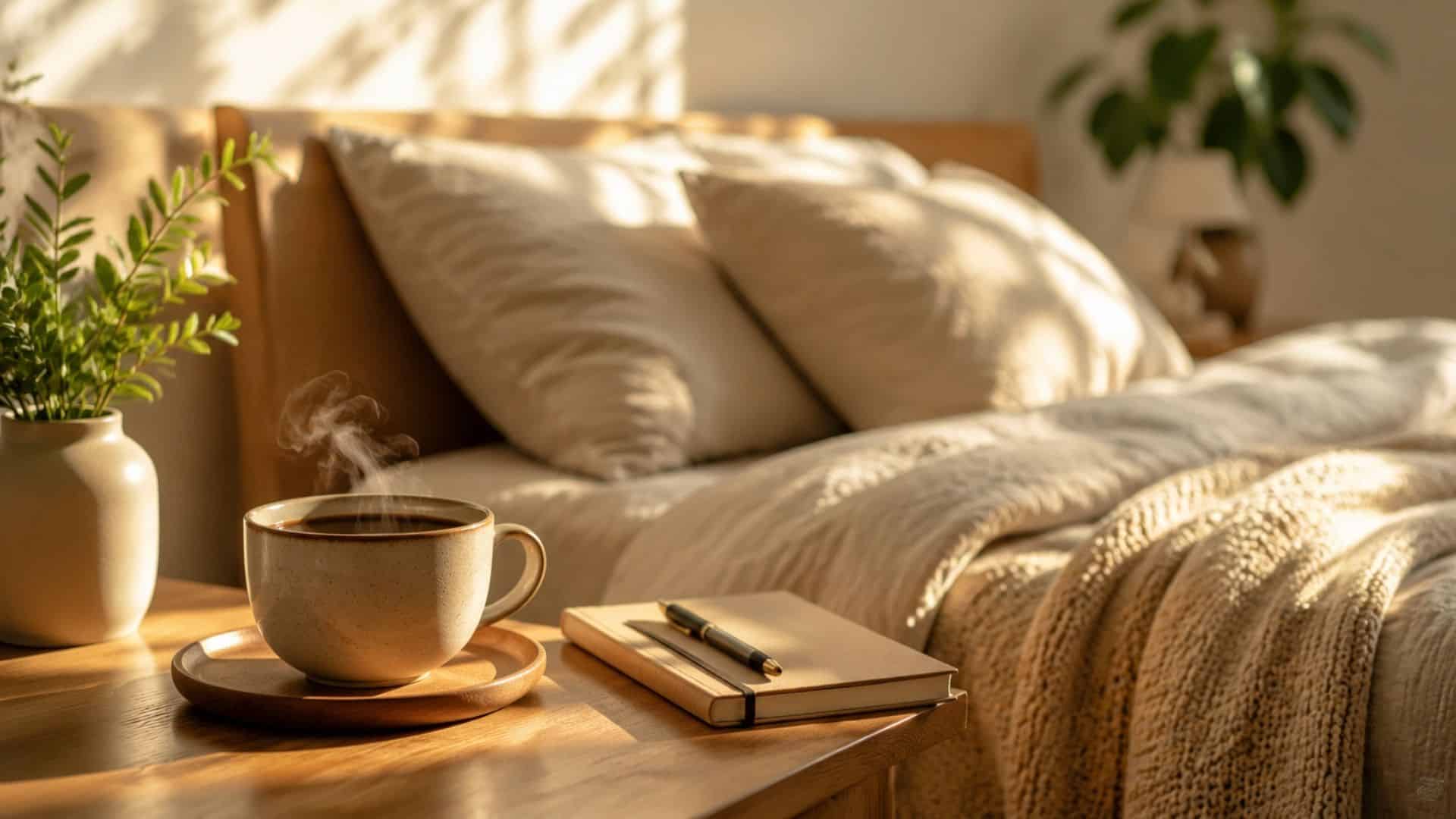 A cozy bedroom with soft natural light, a cup of coffee, and a journal on a wooden table.
