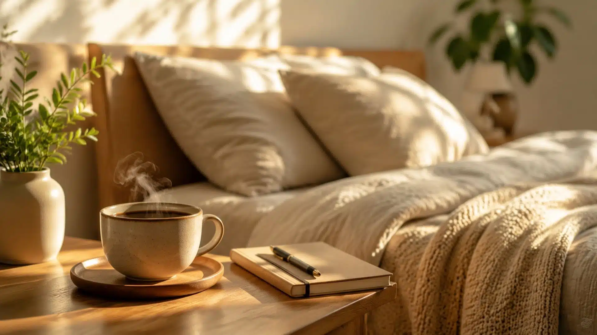 A cozy bedroom with soft natural light, a cup of coffee, and a journal on a wooden table.