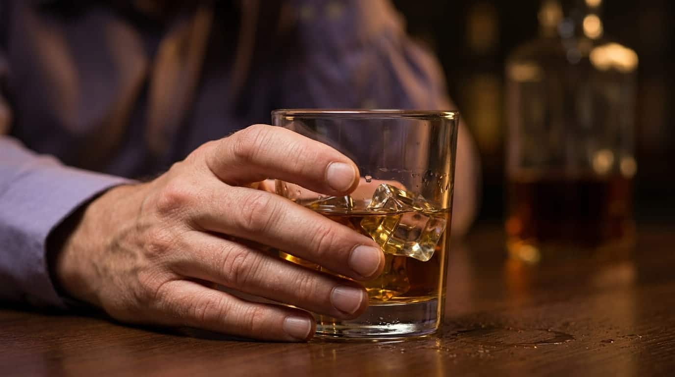A hand holding a glass of whiskey with ice on a wooden bar counter, with blurred bottles in the background.