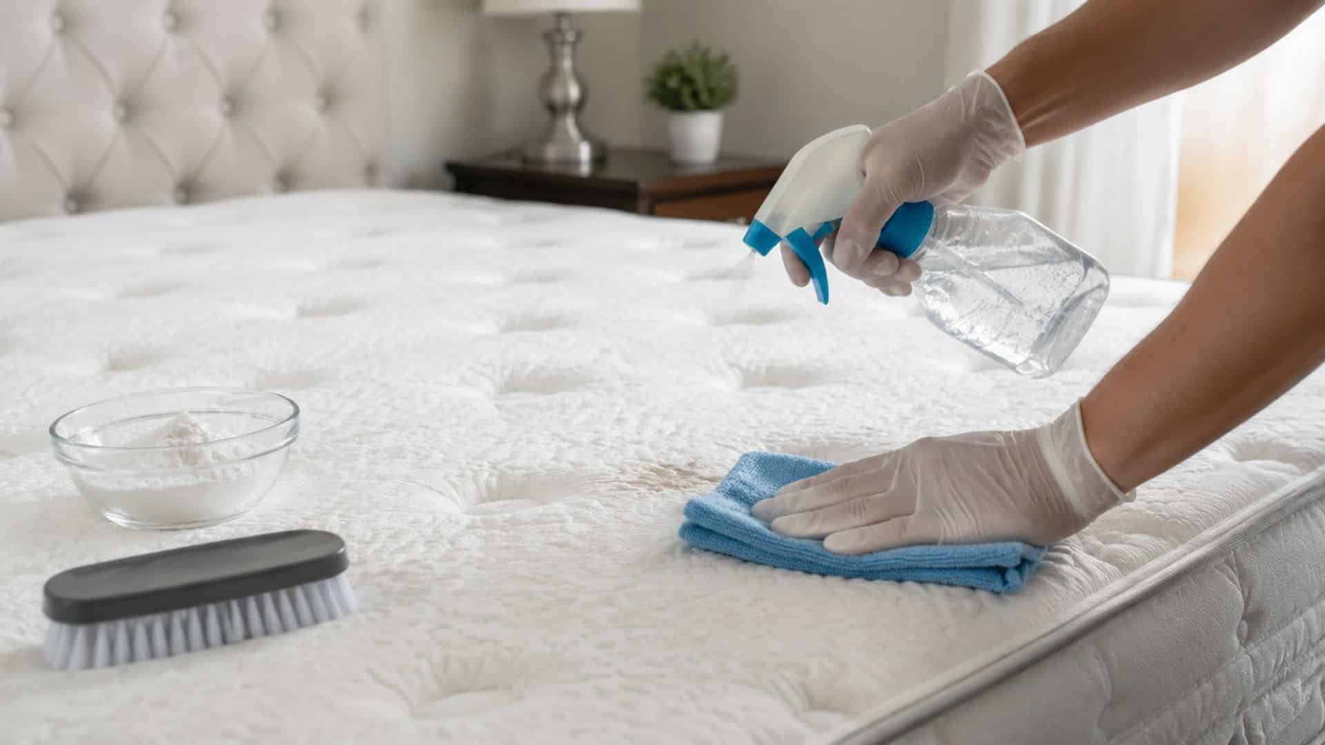 A person cleaning a memory foam mattress with a cloth and spray in a cozy, neutral bedroom.