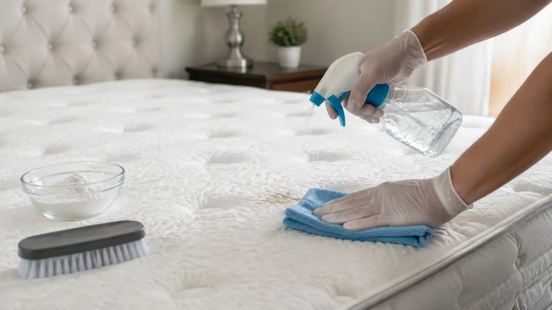 A person cleaning a memory foam mattress with a cloth and spray in a cozy, neutral bedroom.