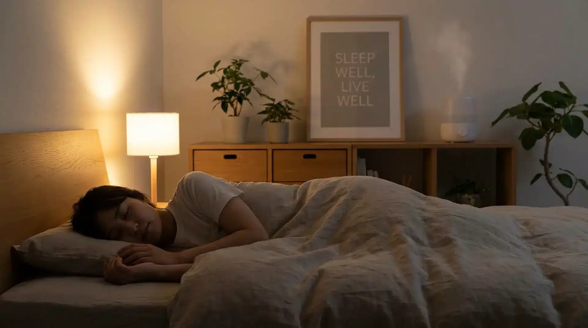 A person peacefully sleeping in bed, surrounded by soft lighting, plants, and a humidifier, with a framed quote on the wall