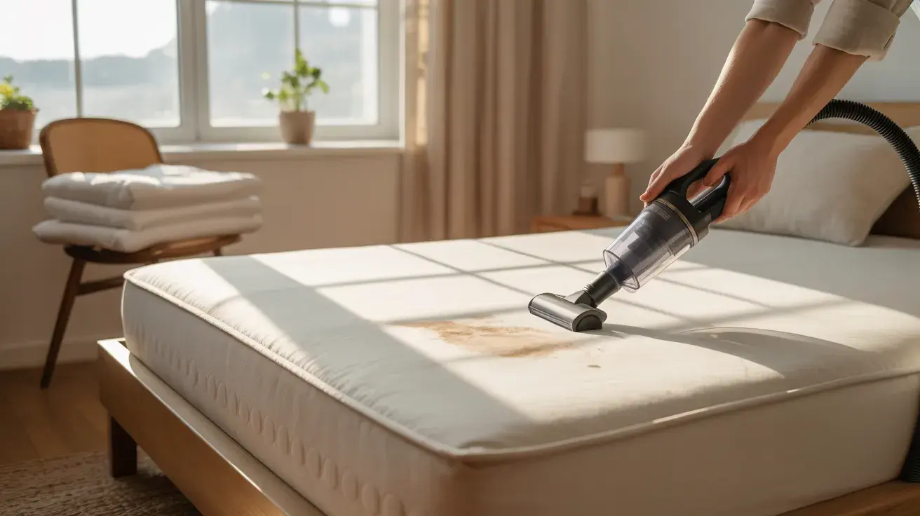 A person vacuuming dirt from a stained mattress in a bright, sunlit bedroom
