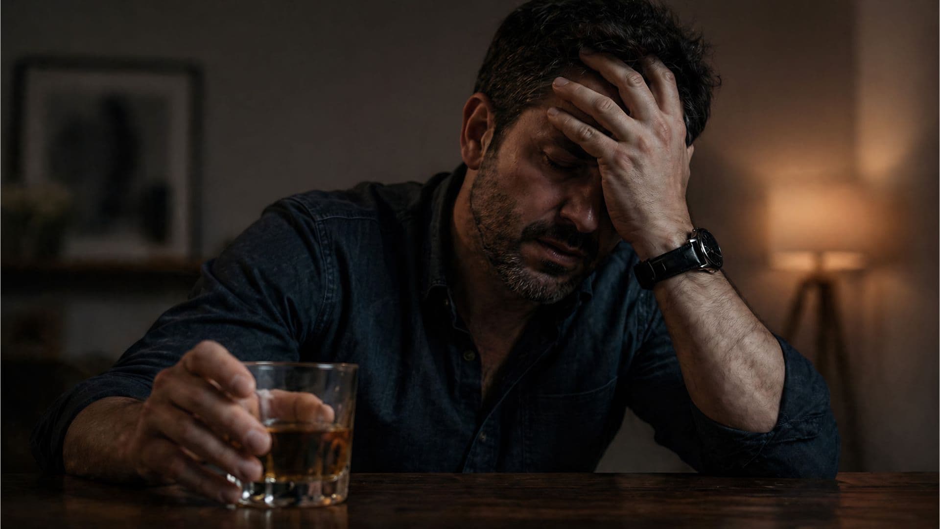 A tired man sits at a table holding a glass of alcohol, resting his head in his hand with a stressed and worn expression in dim lighting.