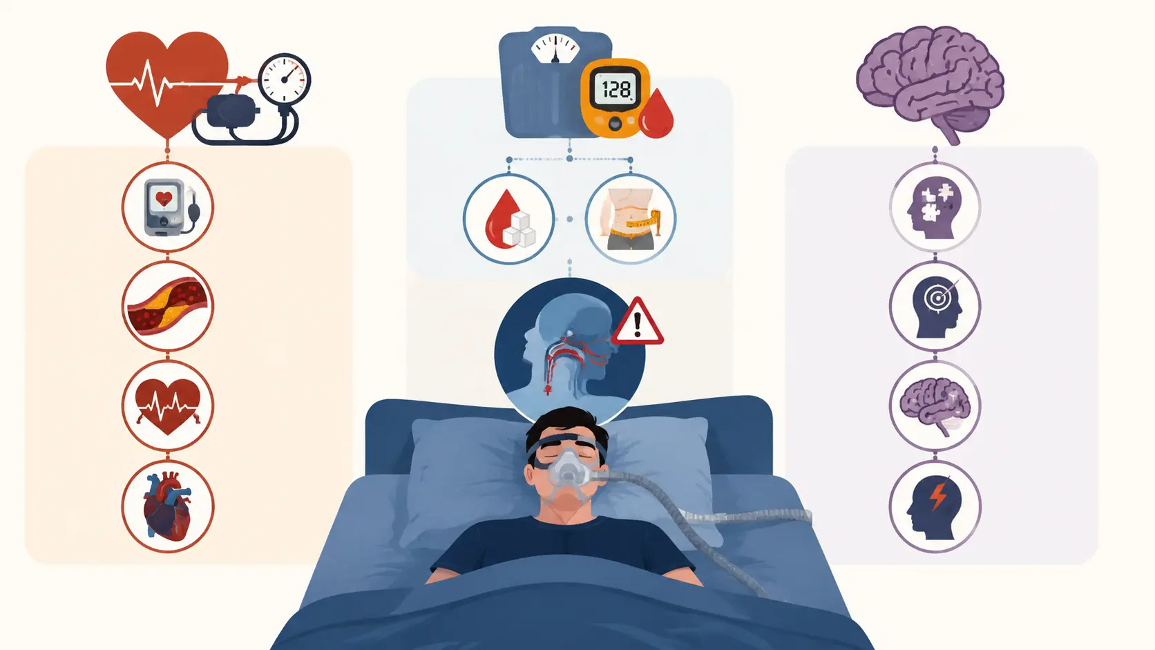 An infographic illustrating the health risks of untreated sleep apnea, focusing on cardiovascular, metabolic, and neurological issues, with a person sleeping