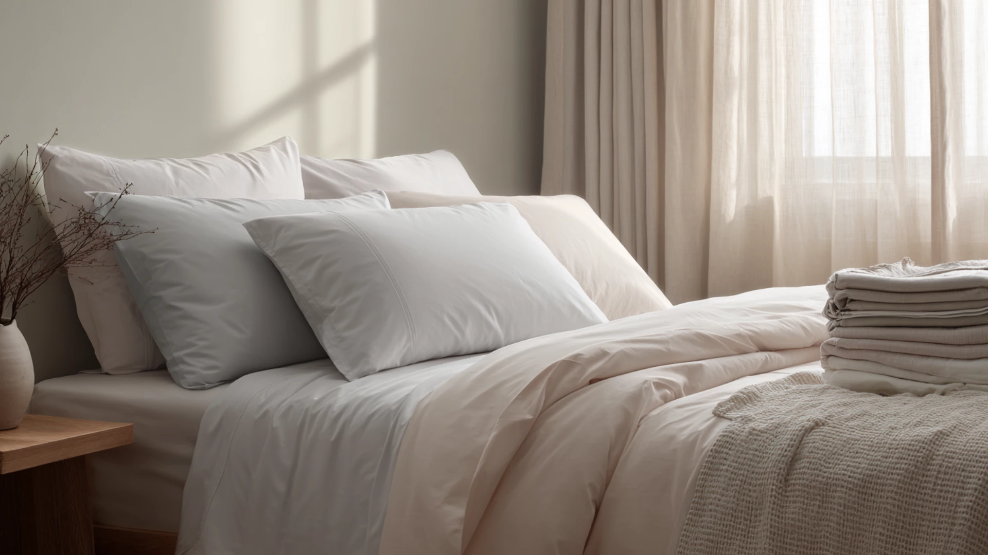 bed with layered sheet options in a calm modern bedroom.