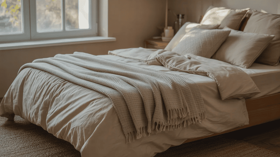 Bright bedroom with a neatly made bed featuring a lightweight coverlet, layered pillows, and soft natural light.