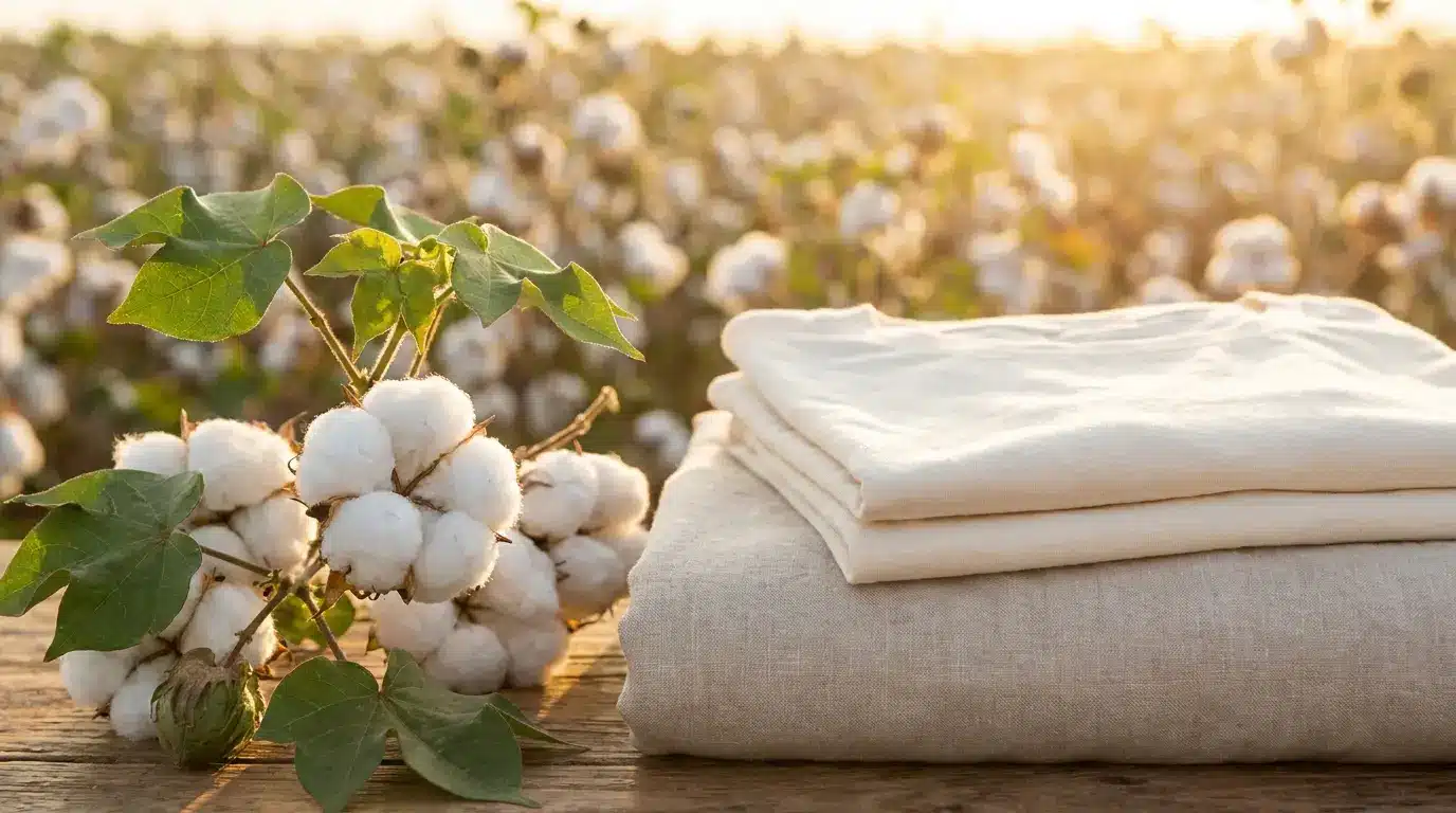 Cotton plant with fluffy bolls and everyday cotton items like t shirt and bed sheets