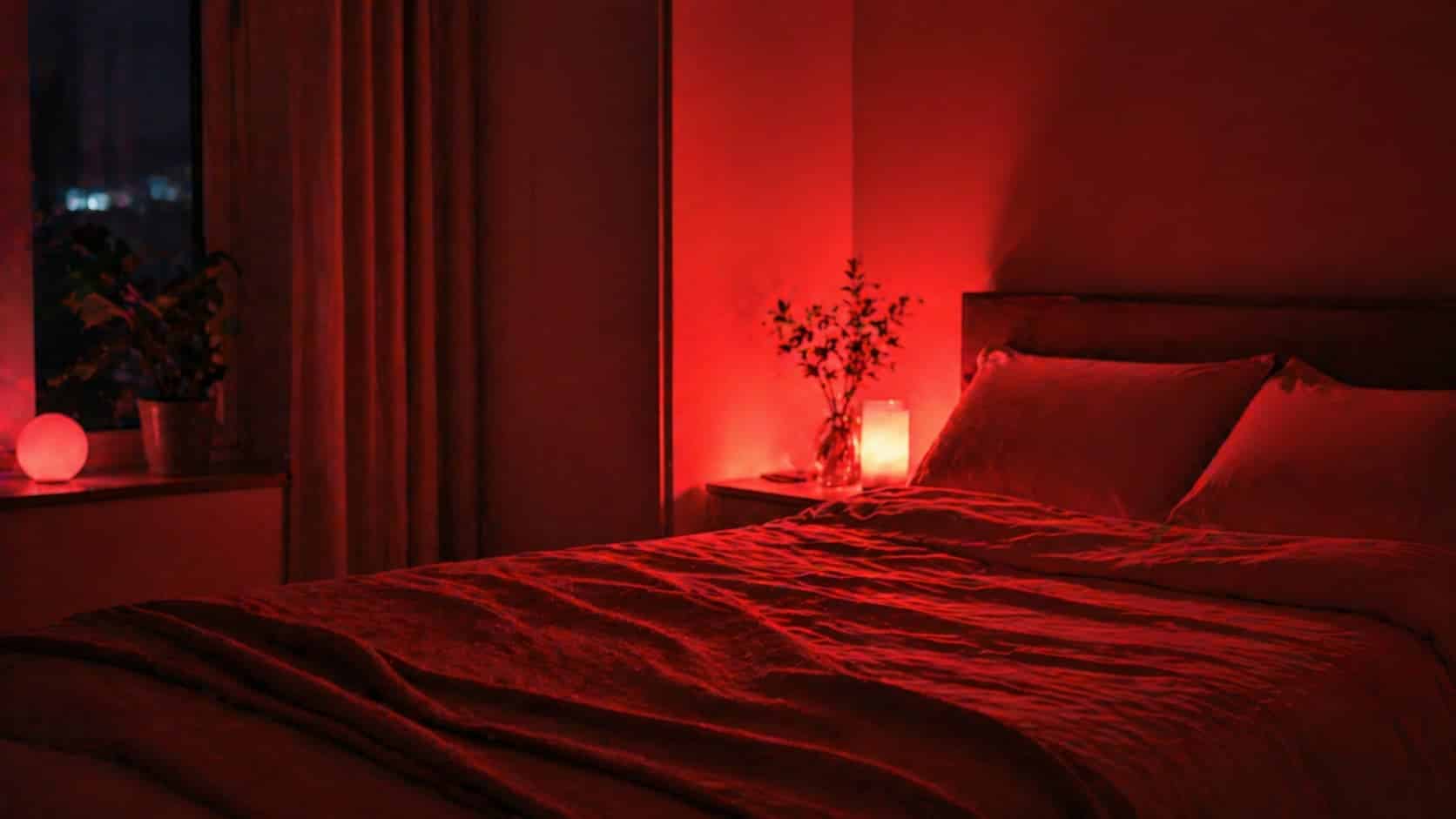 Cozy bedroom at night lit with soft red lighting, featuring a neatly made bed, warm ambient lamps, and a calm, relaxing atmosphere.