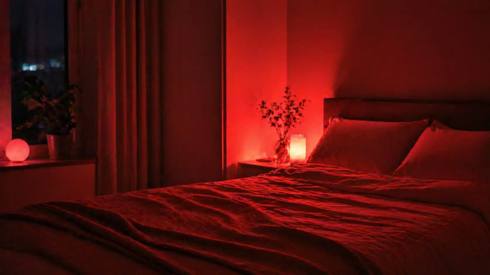 Cozy bedroom at night lit with soft red lighting, featuring a neatly made bed, warm ambient lamps, and a calm, relaxing atmosphere.