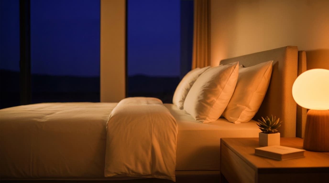 Cozy bedroom at night with warm amber bedside lighting, neatly made bed, and a calm, restful atmosphere.