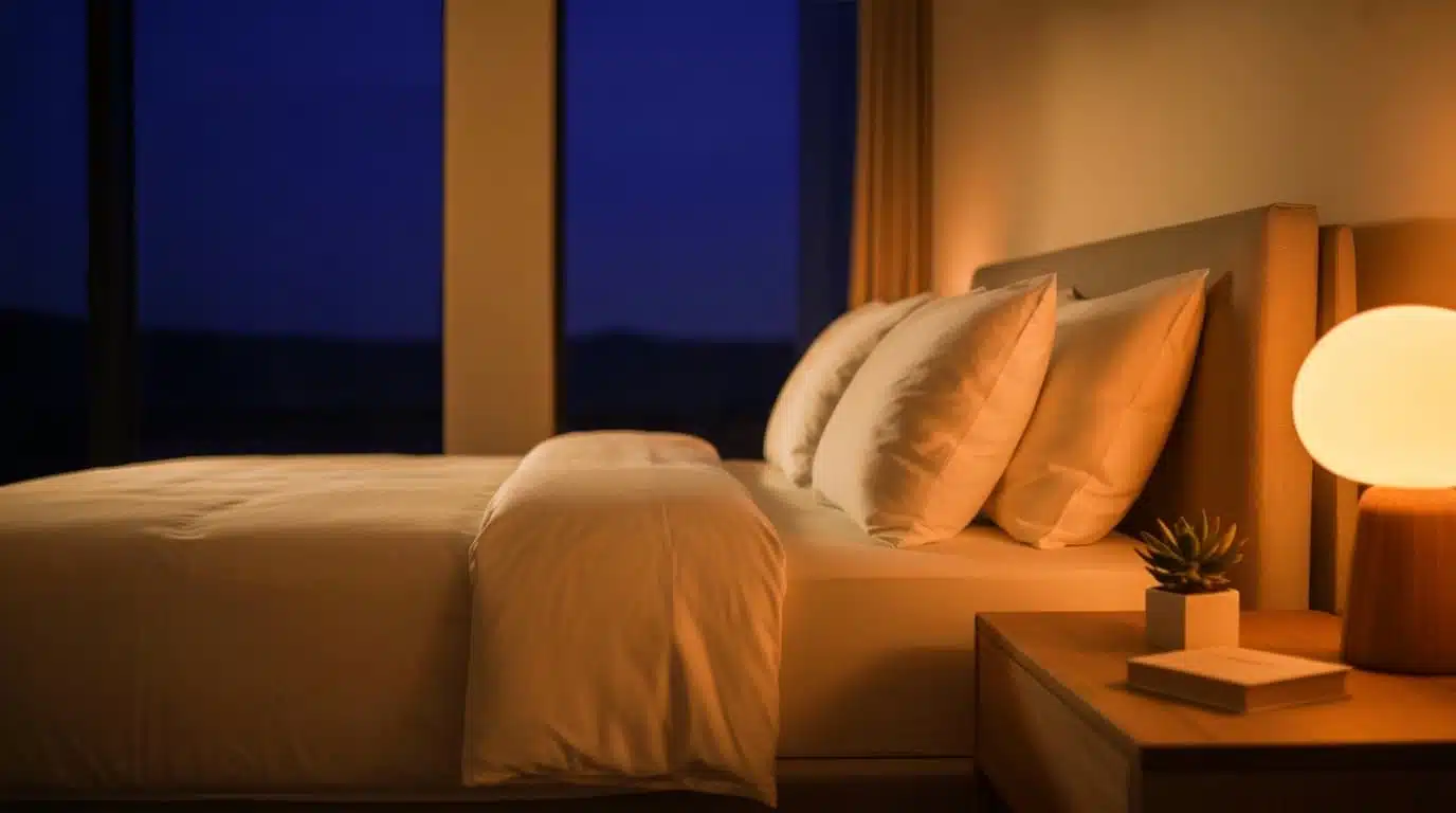 Cozy bedroom at night with warm amber bedside lighting, neatly made bed, and a calm, restful atmosphere.