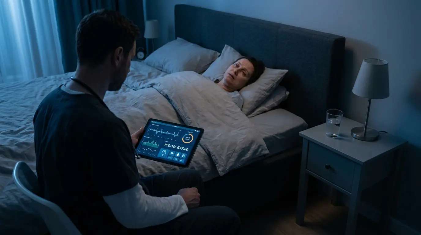 Doctor reviewing sleep disorder data beside exhausted patient awake at night