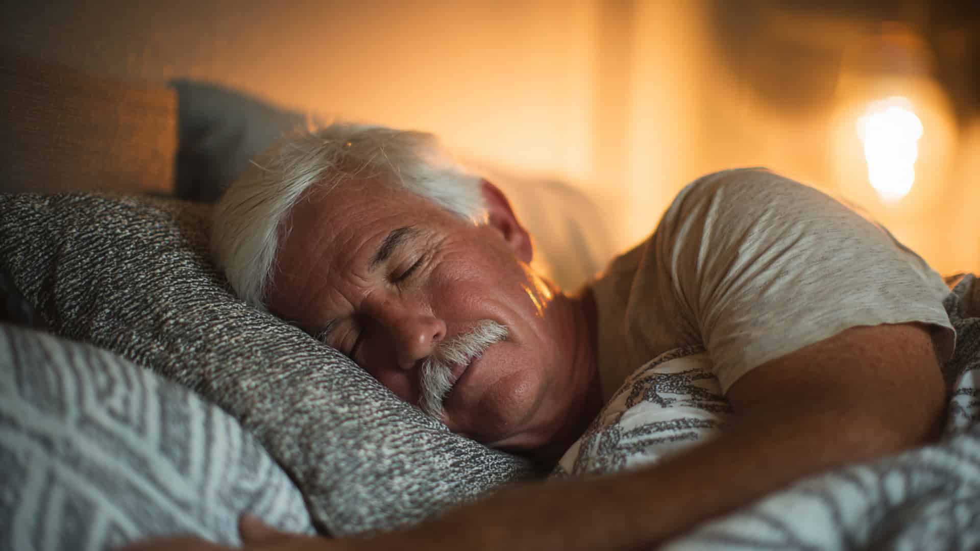 Elderly man sleeping peacefully on his side in a warm, softly lit bedroom scene