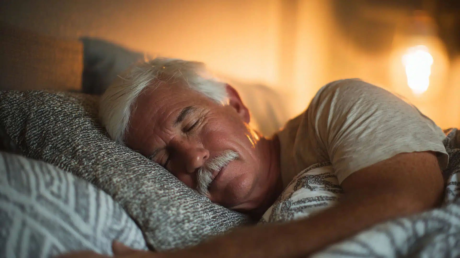 Elderly man sleeping peacefully on his side in a warm, softly lit bedroom scene