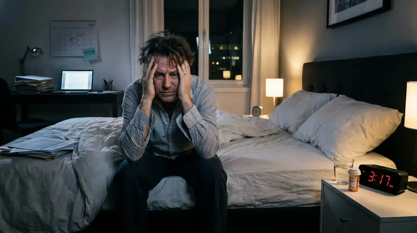 Exhausted person awake at night struggling with sleep problems