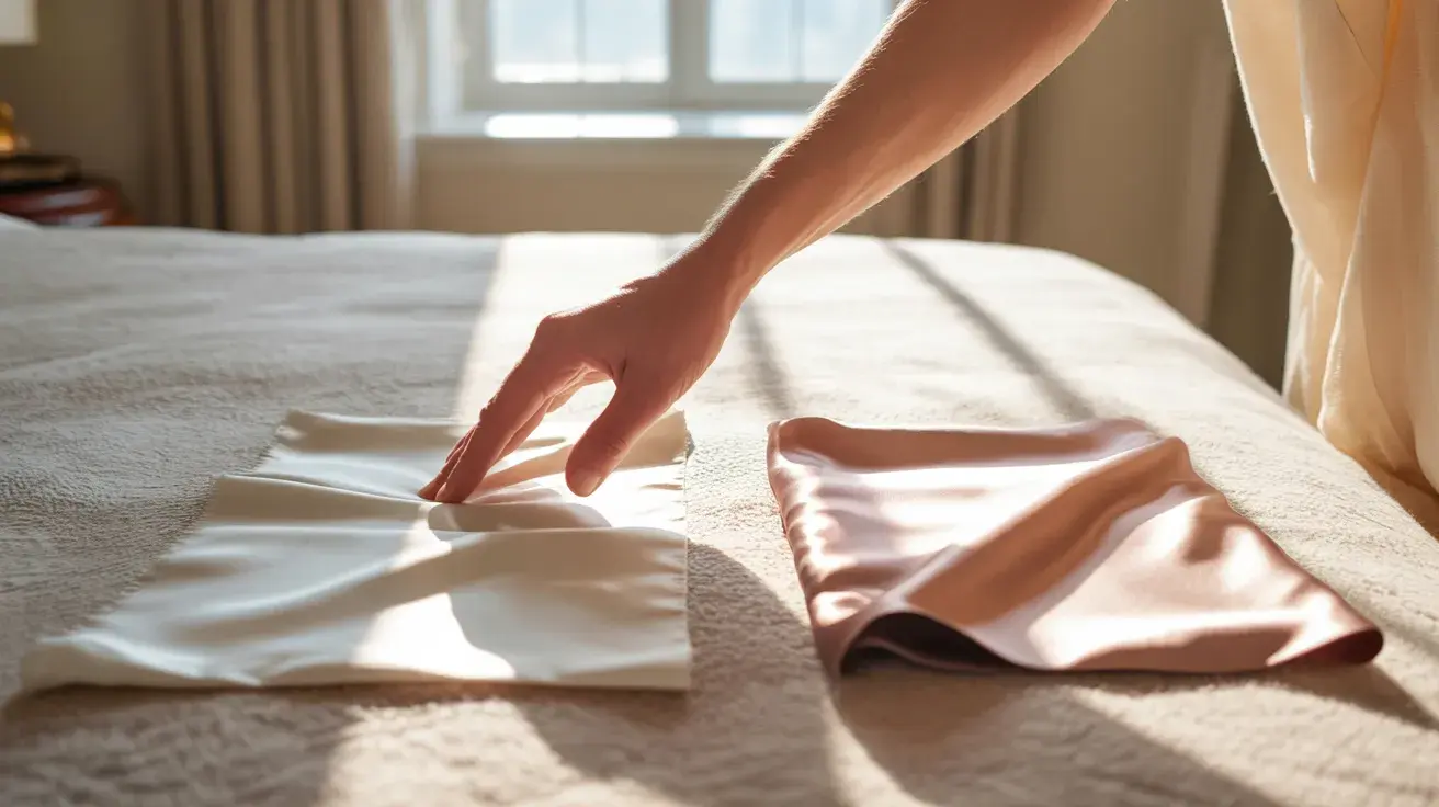 Hand comparing matte sateen and shiny satin fabrics on a bed in soft natural light