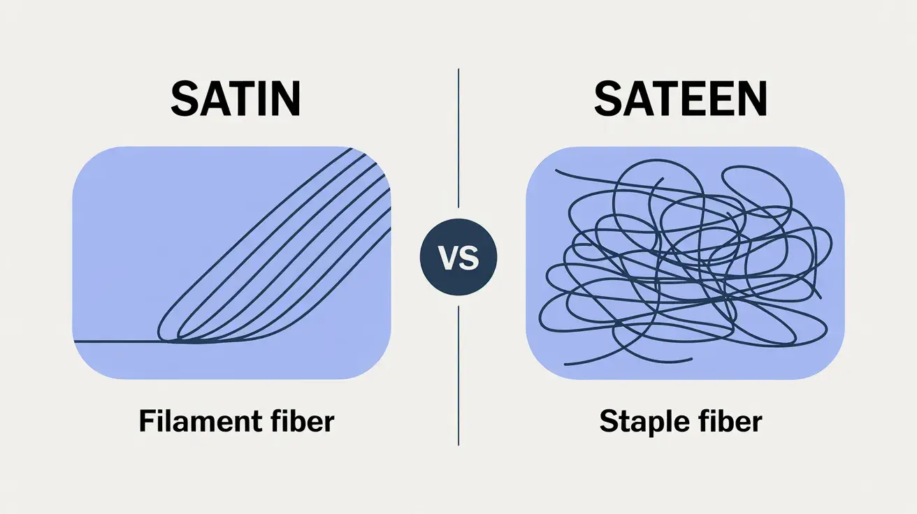 Illustration comparing satin (smooth filament fibers) and sateen (tangled staple fibers) fabric structures.