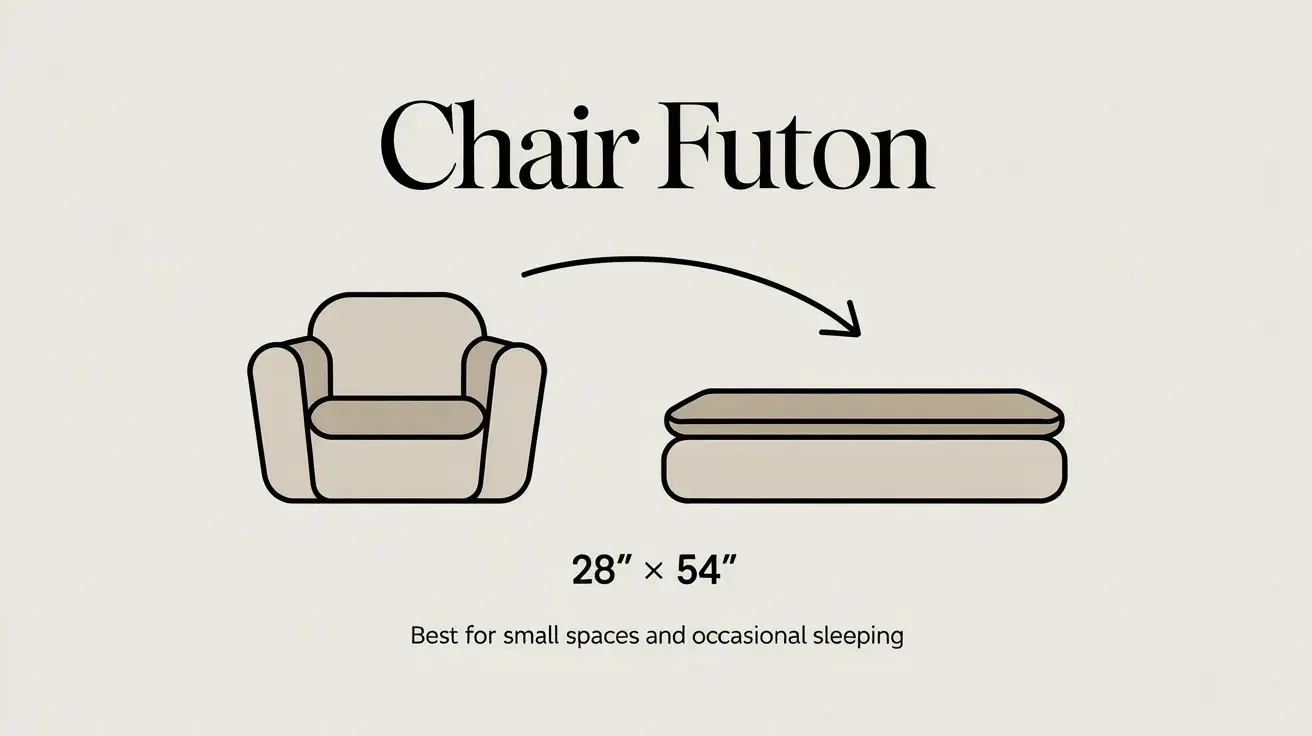 Infographic showing a chair futon converting from armchair to bed with dimensions 28 × 54 inches and small-space use