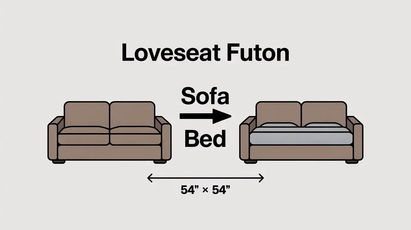 Infographic showing a loveseat futon converting from sofa to bed with dimensions 54 × 54 inches