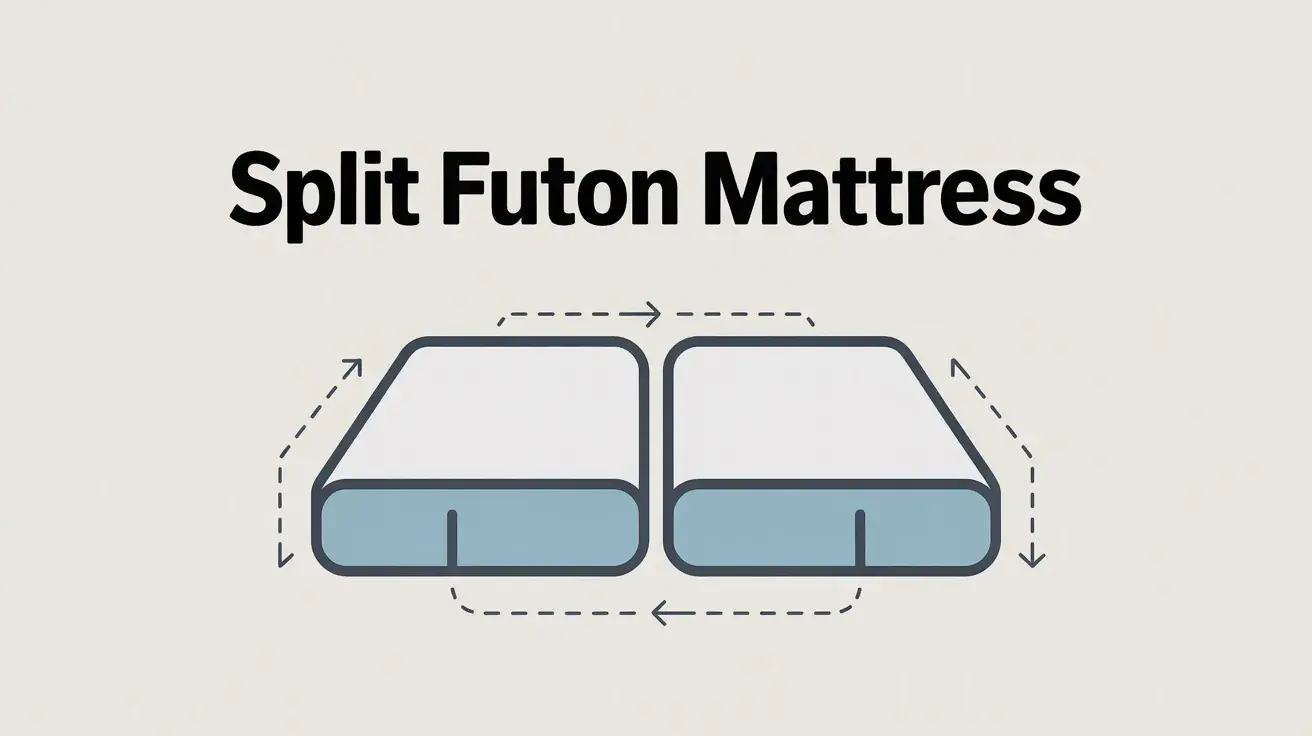 Infographic showing a split futon mattress with two separate sections that fold independently for flexible use
