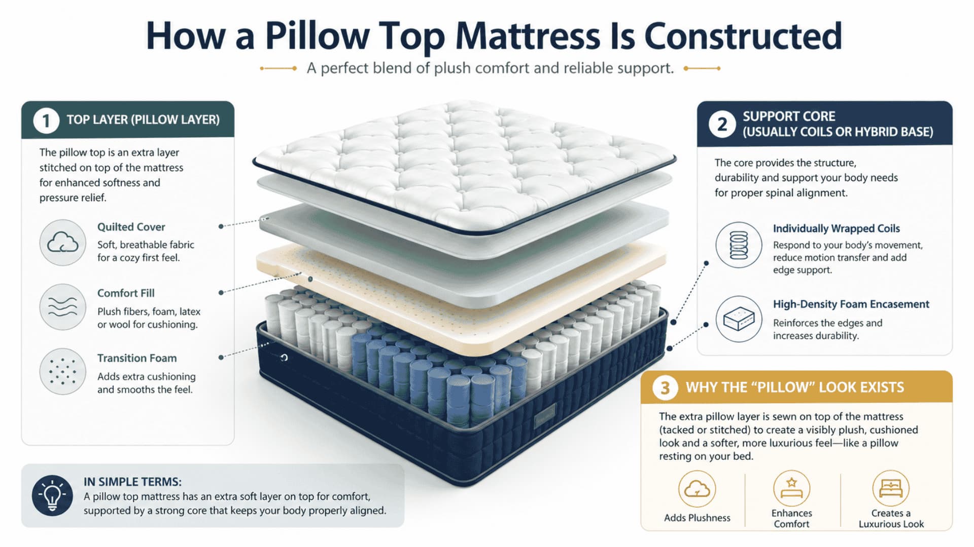 Infographic showing pillow top mattress layers soft top layer, foam transition, and coil support core.