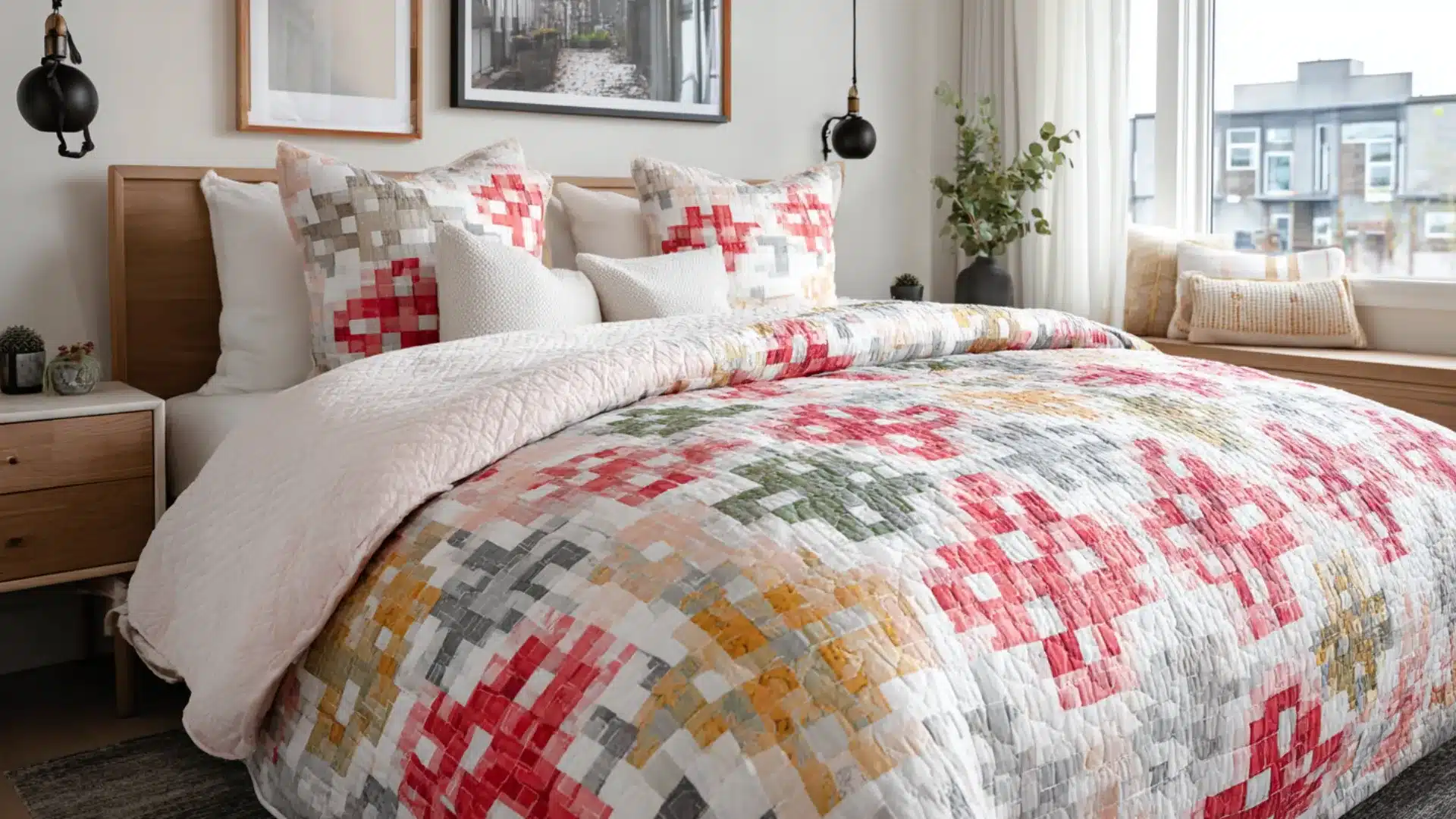 Irish Chain quilt pattern in soft tones spread across bed in a bright room view
