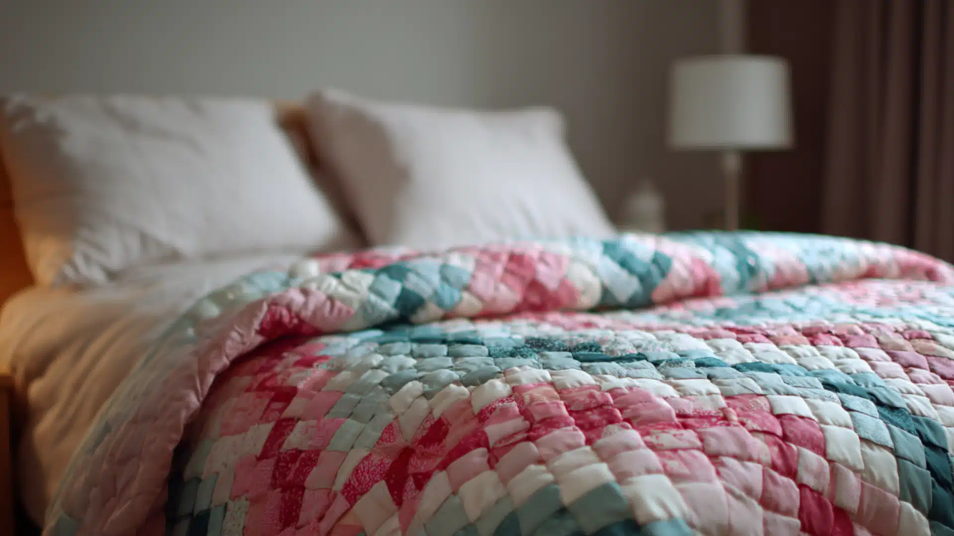 Jumbo Irish Chain quilt with large blocks spread across a queen size bed