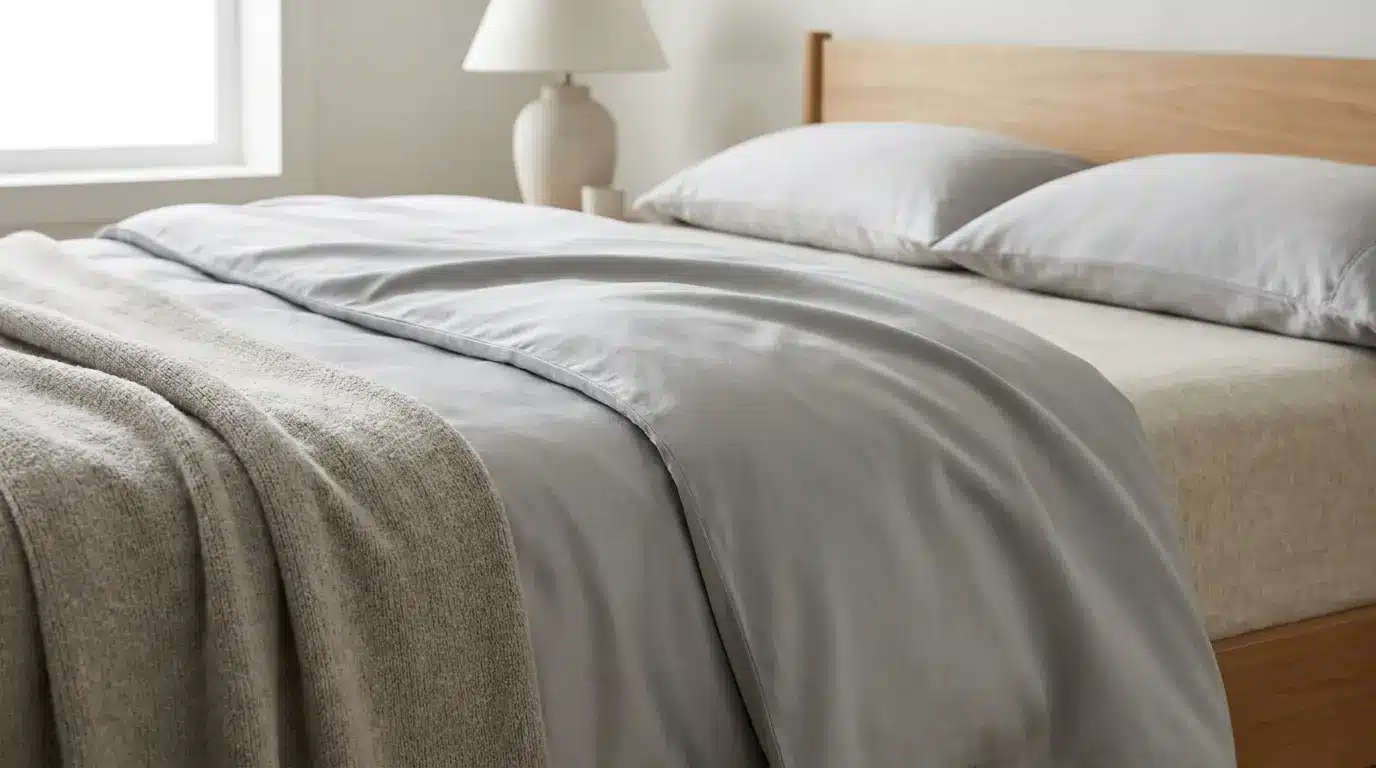 Layered modal and cotton fabrics on a bed showing silky smooth texture over soft natural cotton
